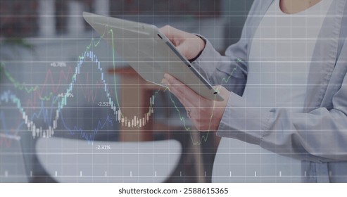 Image of data processing over caucasian woman using tablet. Global communication, computing and digital interface concept digitally generated image.