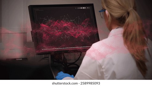 Image of data processing over caucasian female scientist using computer in laboratory. Global science, connections, computing and data processing concept digitally generated image.