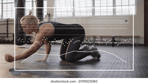 Image of data processing over caucasian woman doing plank at gym. Global sports, lifestyle, computing and digital interface concept digitally generated image.