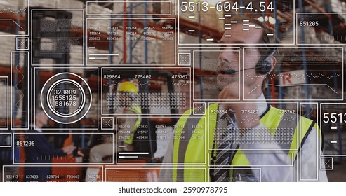 Image of data processing over caucasian male worker in warehouse. Global shipping, delivery, computing and digital interface concept digitally generated image. - Powered by Shutterstock - Get 15% off with code: PIKWIZARD15