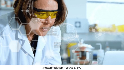 Image of data processing over caucasian female scientist in lab. Science and digital interface concept digitally generated image.