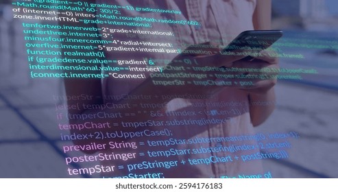 Image of data processing over caucasian woman using smartphone. Global communication, technology, computing and digital interface concept digitally generated image.