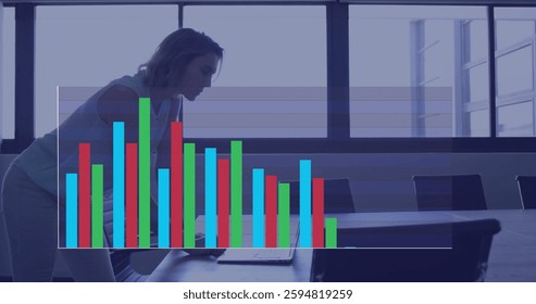 Image of data processing over caucasian businesswoman in office. Global finance, business, connections, computing and data processing concept digitally generated image.