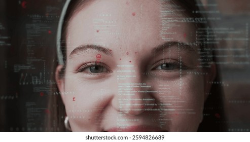 Image of data processing over caucasian woman smiling. Technology and digital interface concept digitally generated image.