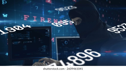 Image of data processing over caucasian hacker using computer. global science, technology and digital interface concept digitally generated image.