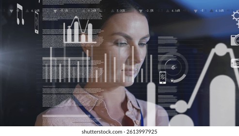 Image of data processing over caucasian female it engineer with tablet by computer server. data processing, cloud computing concept and technology concept digitally generated image.