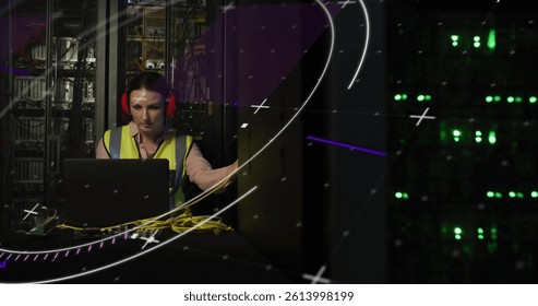 Image of data processing over caucasian female it engineer with laptop by computer server. data processing, cloud computing concept and technology concept digitally generated image.
