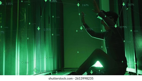 Image of data processing over caucasian female it engineer with vr headset by computer server. data processing, cloud computing concept and technology concept digitally generated image.
