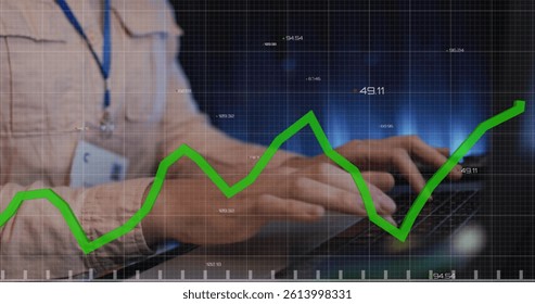 Image of data processing over caucasian female it engineer using laptop by computer server. data processing, cloud computing concept and technology concept digitally generated image.
