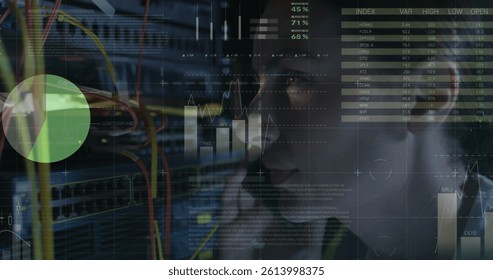 Image of data processing over caucasian female it engineer with smartphone by computer server. data processing, cloud computing concept and technology concept digitally generated image.