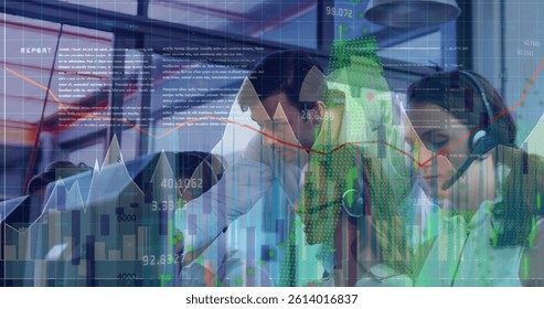 Image of data processing over caucasian business people in office. global business, finances, connections and digital interface concept digitally generated image.