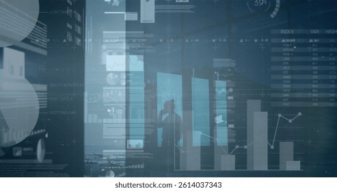 Image of data processing over caucasian businesswoman talking on smartphone in office. global business, finances and digital interface concept digitally generated image.