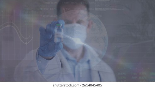 Image of data processing over caucasian male doctor with face mask and cure. global medicine and data processing during covid 19 pandemic concept digitally generated image.