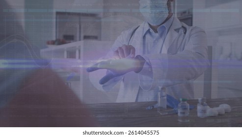 Image of data processing over caucasian male doctor with face mask and gloves. global medicine and data processing during covid 19 pandemic concept digitally generated image.