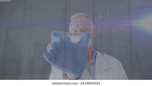 Image of data processing over caucasian male doctor with face mask and vaccine. global medicine and data processing during covid 19 pandemic concept digitally generated image.