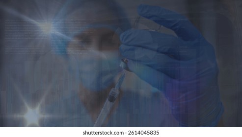 Image of data processing over caucasian female doctor with face mask and vaccine. global medicine and data processing during covid 19 pandemic concept digitally generated image.
