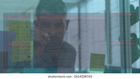 Image of data processing over caucasian businessman taking notes. global business, finances, connections and digital interface concept digitally generated image.