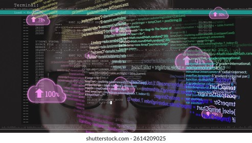 Image of data processing over caucasian man and clouds icons. global business and digital interface concept digitally generated image.
