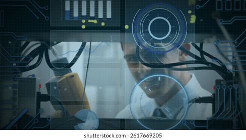 Image of data processing over caucasian man inspecting server room. global technology and digital interface concept digitally generated image.