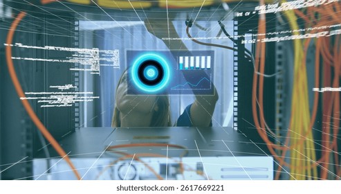 Image of data processing over caucasian woman inspecting server room. global technology and digital interface concept digitally generated image.