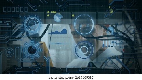 Image of data processing over caucasian man inspecting server room. global technology and digital interface concept digitally generated image.