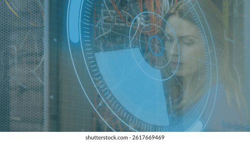 Image of data processing over caucasian woman inspecting server room. global technology and digital interface concept digitally generated image.