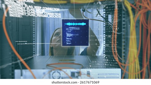 Image of data processing over caucasian female engineer connecting computer wires. computers, network, data processing, technology and digital interface concept digitally generated image.