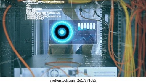 Image of data processing over caucasian female engineer connecting computer wires. computers, network, data processing, technology and digital interface concept digitally generated image.