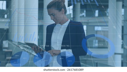 Image of data processing over caucasian businesswoman using tablet. global business and digital interface concept digitally generated image.