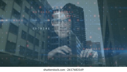 Image of data processing over caucasian hacker. global digital security and identity, digital interface and data processing concept digitally generated image.