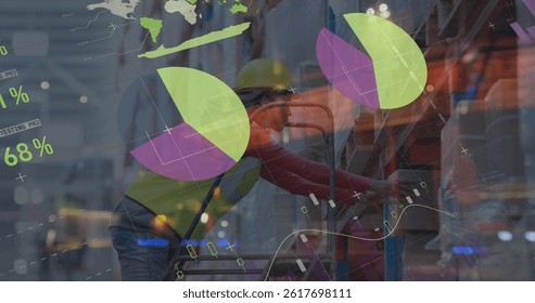 Image of data processing over caucasian female worker in warehouse. global business, finances, connections and digital interface concept digitally generated image.