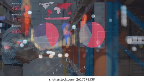 Image of data processing over caucasian male worker in warehouse. global business, finances, connections and digital interface concept digitally generated image.