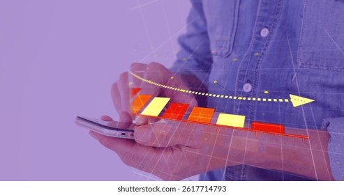 Image of data processing over caucasian man using smartphone. global business and digital interface concept digitally generated image.