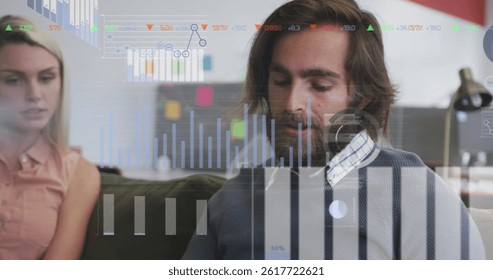 Image of data processing over caucasian business people in office. global business, connections and data processing concept digitally generated image.