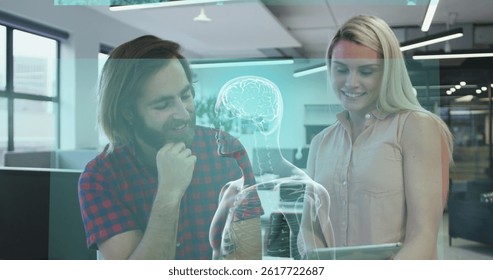 Image of data processing over caucasian business people using tablet in office. global business, connections and data processing concept digitally generated image.
