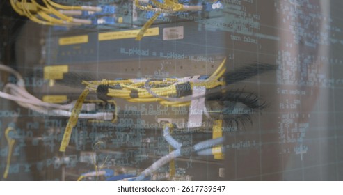 Image of data processing over caucasian woman and server room. global business and digital interface concept digitally generated image.