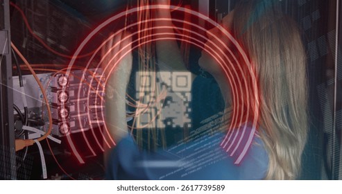 Image of data processing over caucasian female worker in server room. global business and digital interface concept digitally generated image.