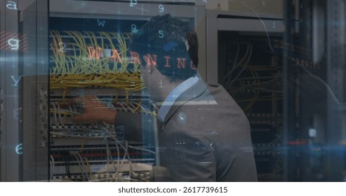 Image of data processing over caucasian male worker in server room. global business and digital interface concept digitally generated image.