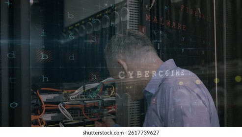 Image of data processing over caucasian male worker in server room. global business and digital interface concept digitally generated image.