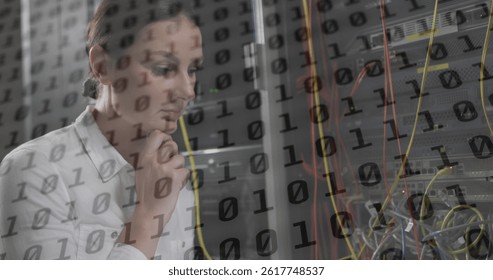 Image of data processing over caucasian female worker in server room. global technology and digital interface concept digitally generated image.