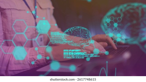 Image of data processing over caucasian female worker in server room. global business, cloud computing and digital interface concept digitally generated image.