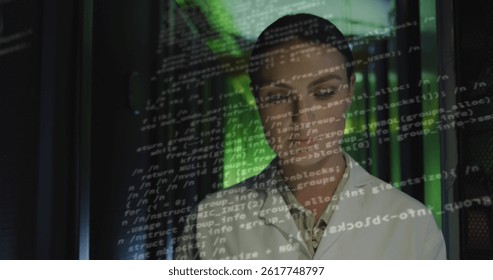 Image of data processing over caucasian female worker in server room. global technology and digital interface concept digitally generated image.