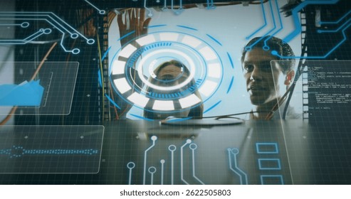 Image of data processing over caucasian man checking computer wires. computers, network, data processing and digital interface concept digitally generated image. - Powered by Shutterstock - Get 15% off with code: PIKWIZARD15