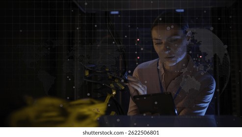 Image of data processing over caucasian female worker in server room. global business and digital interface concept digitally generated image.