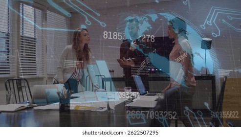 Image of data processing over caucasian business people talking. global business and digital interface concept digitally generated image.