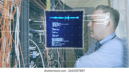 Image of data processing over caucasian male worker in server room. global business and digital interface concept digitally generated image.