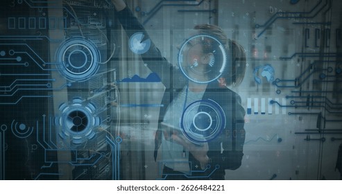 Image of data processing over caucasian female server room worker. Global science, connections, data processing and digital interface concept digitally generated image.