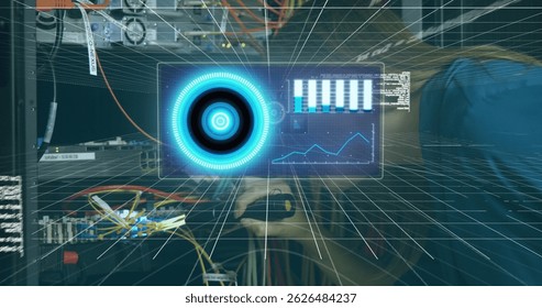 Image of data processing over caucasian server room female worker. Global science, connections, data processing and digital interface concept digitally generated image.
