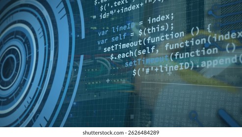 Image of data processing over caucasian server room worker. Global science, connections, data processing and digital interface concept digitally generated image.