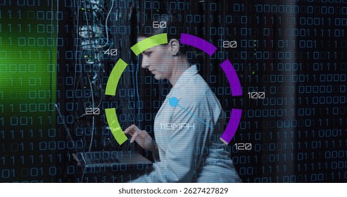 Image of data processing over caucasian woman using laptop server room. Cloud computing, digital interface and security concept digitally generated image.